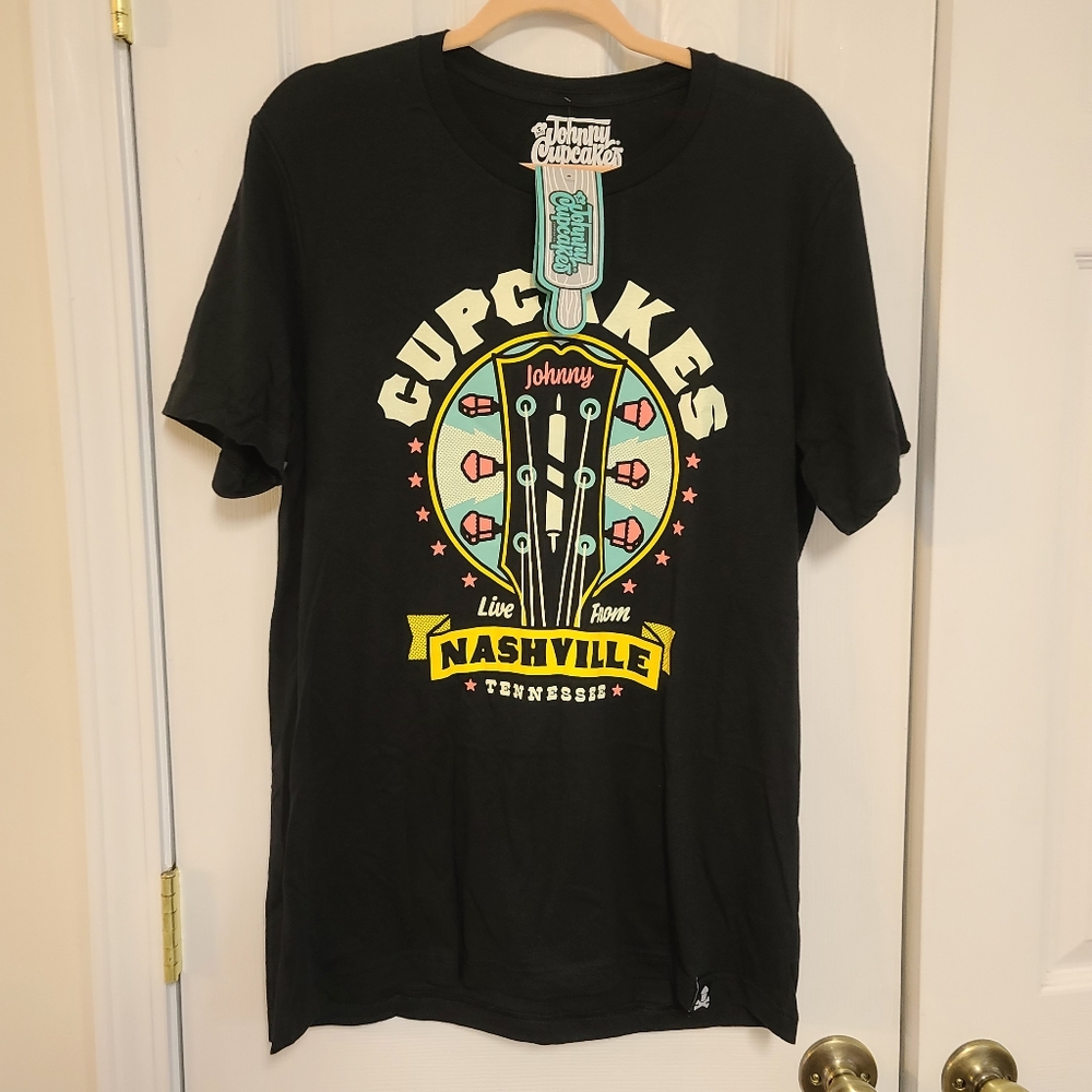 Johnny Cupcakes Black T-Shirt With Iconic Logo Live From Nashville Revive Health